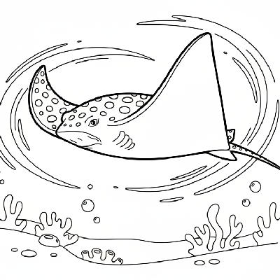 Black and white line art of an elegant spotted eagle ray gliding gracefully in a serene underwater scene, ready for coloring.