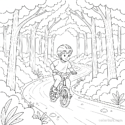 Black and white line art coloring page of a child with a helmet, taking their first pedals on a shaded woodland loop path.