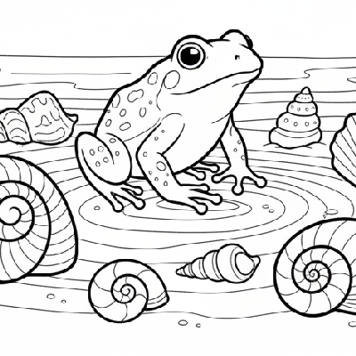 Line art of a frog curiously exploring various seashells on a sandy beach.