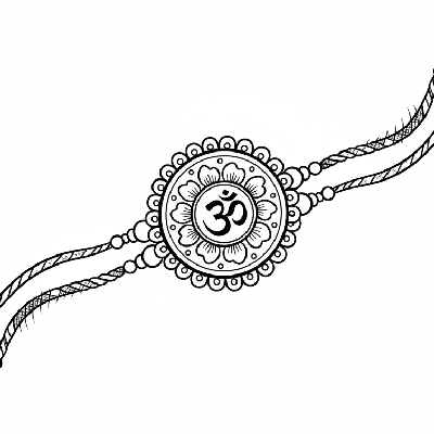 Black and white line art of an artistic pen sketch style Rakhi with varied line weights and cross-hatching for coloring.