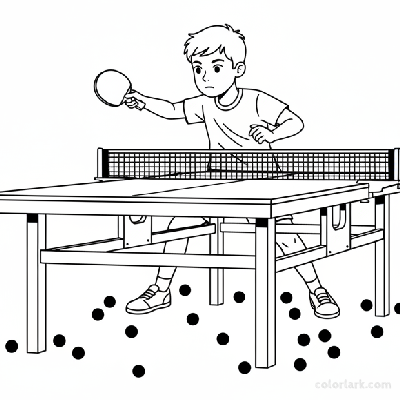 Line art of a kid practicing a backhand loop drill with multiple table tennis balls.