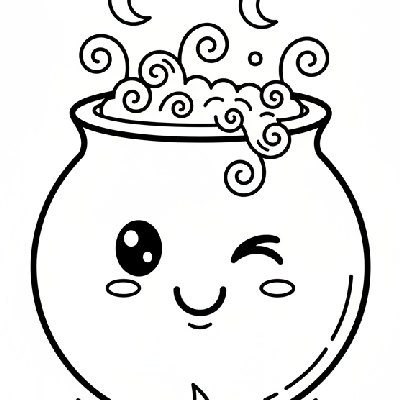 Black and white line art of a smiling cauldron bubbling with friendly potions and magic dust, Halloween coloring page.