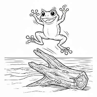 Line art of a playful frog hopping on a piece of washed-up driftwood on a beach.