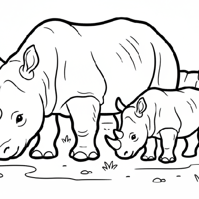 Line art of a mother rhinoceros and her calf grazing in a dusty, open zoo habitat for coloring.