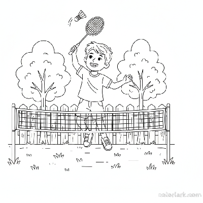 Black and white line art of a happy boy playing badminton in a sunny backyard.