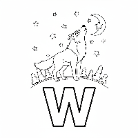 Black and white line art of a howling wolf under a moon with the letter W.