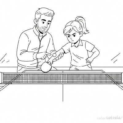 Black and white line art of a cute kid practicing a backspin table tennis serve with a coach helping her wrist.