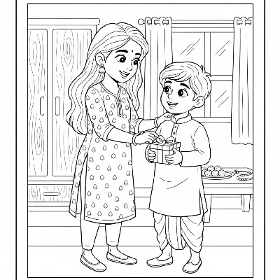 Line art of a sister helping her brother get ready for Rakshabandhan ceremony