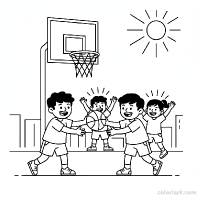 Line art of an Indian street basketball game with two players and three friends cheering, simplified for beginners.