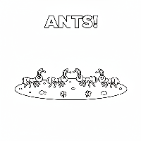 A black-and-white line art illustration depicting five busy red ants crawling, used for teaching the number 5 to children.
