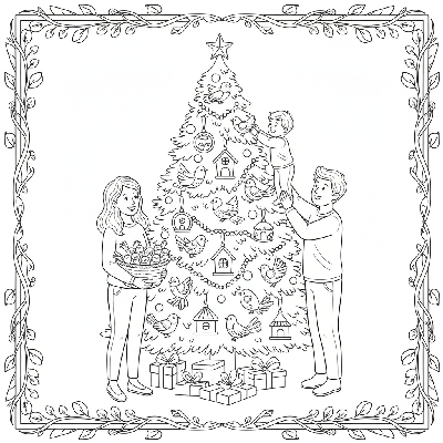 Black and white line art of a family attaching whimsical bird ornaments and birdhouses to a Christmas tree.