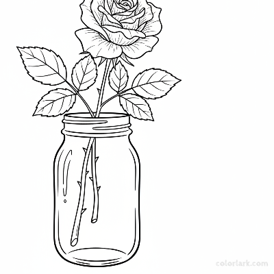Black and white line art of a rustic rose with leaves arranged in a simple Mason jar