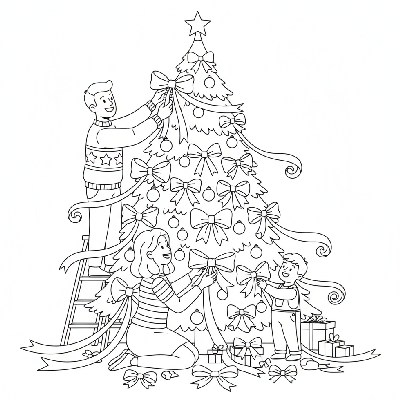 Black and white line art of a family attaching decorative bows and ribbons to a festive Christmas tree.