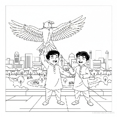 Line art of two Indian boys with unique shaped kites on an Indian city rooftop overlooking a city park, for coloring.