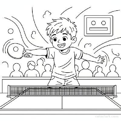Line art of a joyful kid playing table tennis with a forehand shot during game play.