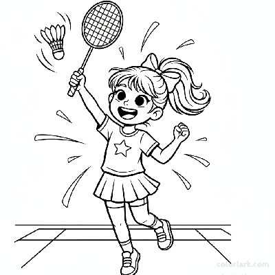 Line art of a happy kid winning a badminton game, raising her racket and a shuttlecock.