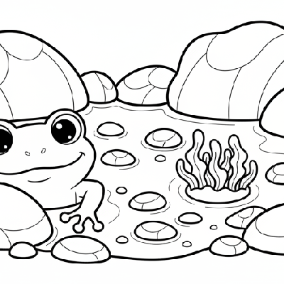 Black and white line art of a friendly frog peeking from a coastal rockpool.