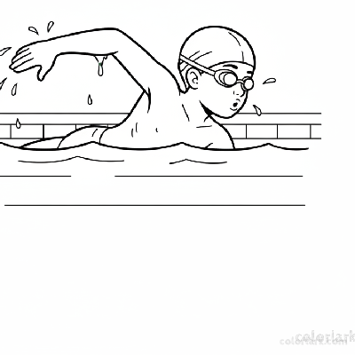Black and white line art of a child practicing the freestyle recovery arm phase in a pool, with cap and goggles visible.