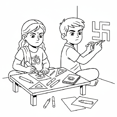 Children intently drawing auspicious symbols like Om and Swastik for Diwali blessings, focused and respectful, line art