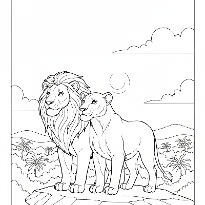 Black and white line art of a lion and lioness gazing at the horizon together in an Indian jungle