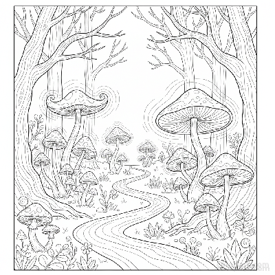 Black and white line art of a winding forest path illuminated by fantastical, glowing mushrooms and ancient trees, for coloring.
