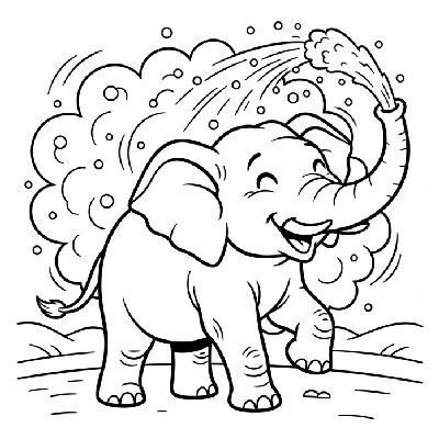 Black and white line art of a happy Indian elephant showering itself with dust using its trunk.