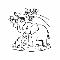Mother elephant picking fruit for baby coloring page
