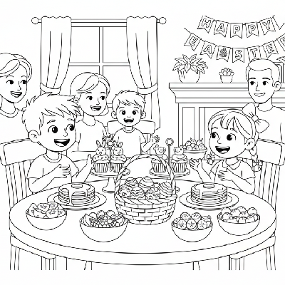 Black and white line art of two happy children enjoying an Easter brunch at a dining table with family.