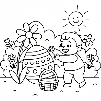Black and white line art of a toddler excitedly reaching for an Easter egg in a garden.