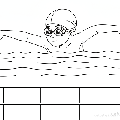 Black and white line art of a child practicing freestyle bilateral breathing in a pool, wearing a swim cap and goggles.