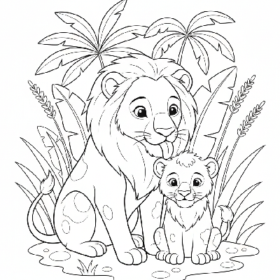 Black and white line art of a lioness grooming her cub's mane in an Indian jungle
