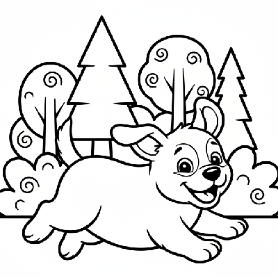 Black and white line art of a happy puppy joyfully scampering across a stylized forest edge, for Indian children.
