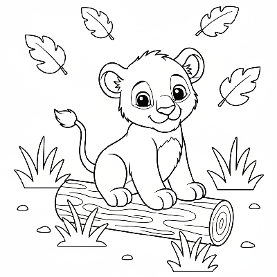 Black and white line art of a cute lion cub playfully posing on a small fallen log.