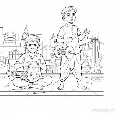 Line art of focused Indian boys and their kite spools on an Indian active city rooftop, for coloring.
