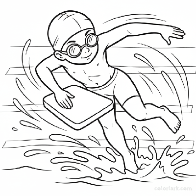 Black and white line art of a speedy child doing freestyle kickboard practice in a pool, wearing a swim cap and goggles.