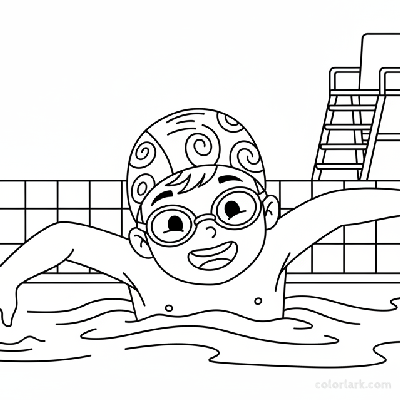 Black and white line art of a child swimming freestyle on a pool day, wearing a swim cap and goggles.
