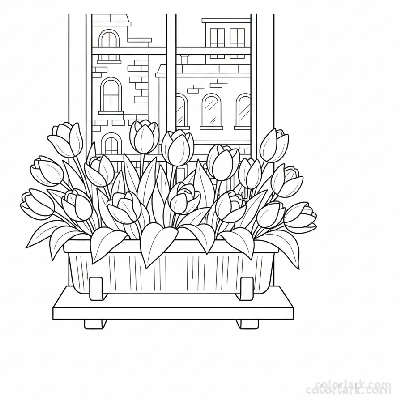 Line art illustration of a window box filled with blooming tulips