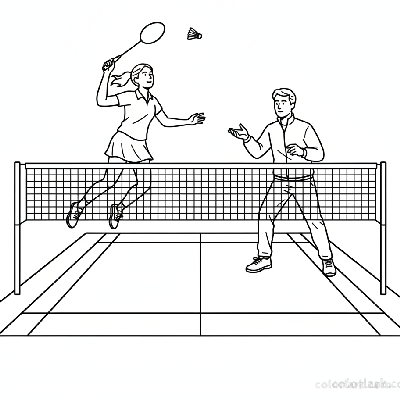 Line art illustration of a girl practicing a badminton drop shot over the net with her coach.