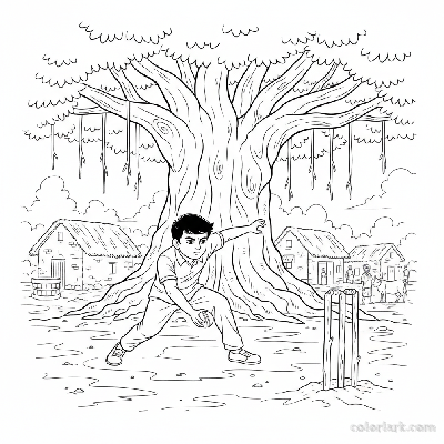 Focused Indian boy standing under a large shady tree, ready to bowl a cricket ball on a village ground.