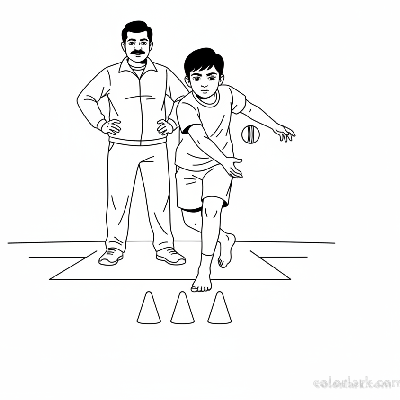 Focused Indian boy learning bowling target practice with coach, black and white line art.