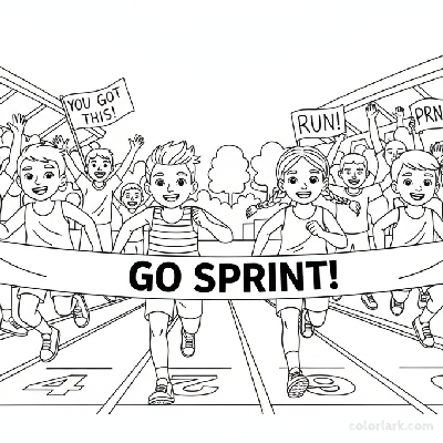 Line art of kids sprinting in a youth challenge race to a finish line banner with an encouraging crowd