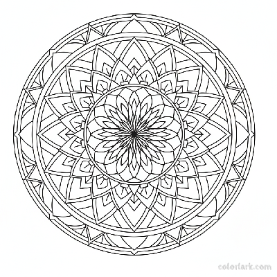 Black and white line art of a geometric lotus petal mandala design.