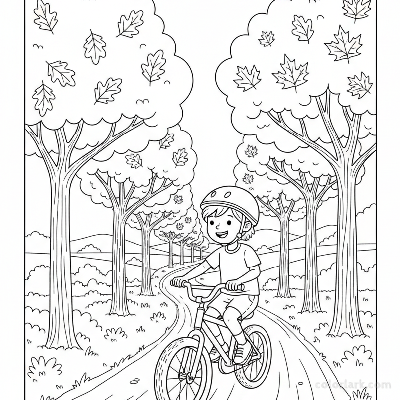 Black and white line art coloring page of a child with a helmet, riding a bicycle on a tree-lined country lane.