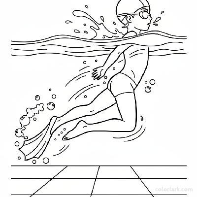 Black and white line art of an underwater view of a child's freestyle kick in a pool, with head and goggles visible.