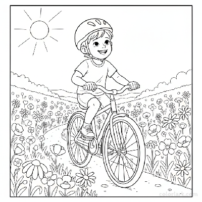 Black and white line art coloring page of a smiling child with a helmet, riding a bicycle through fields of wildflowers.