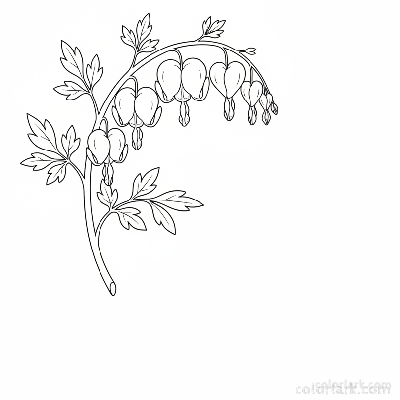 Black and white line art of a single delicate sprig of bleeding heart flowers with several heart-shaped blooms and fern-like leaves.