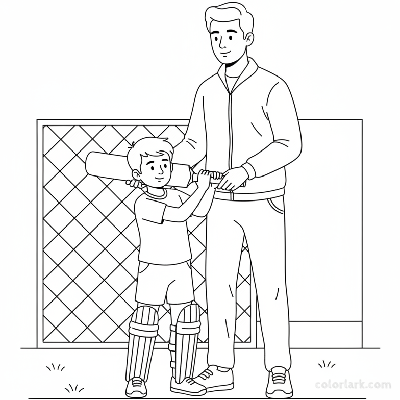 Little Indian cricketer practicing backlift with coach's help, black and white line art.