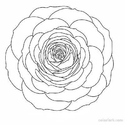 Black and white line art of a fully open rose from a top-down, aerial view, showing intricate petals