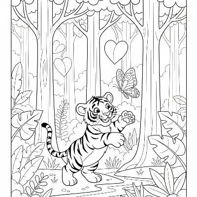 Black and white line art of a playful tiger cub chasing a butterfly in a jungle