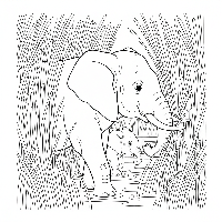 Mother and baby elephant coloring page walking through reeds.
